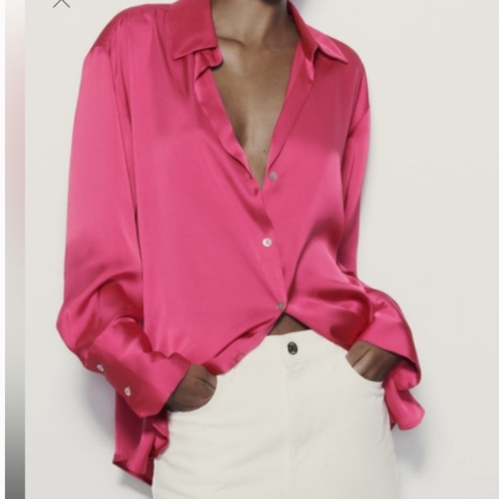 NWT BRIGHT FUSHIA PINK ZARA SATIN BLOUSE size XXL